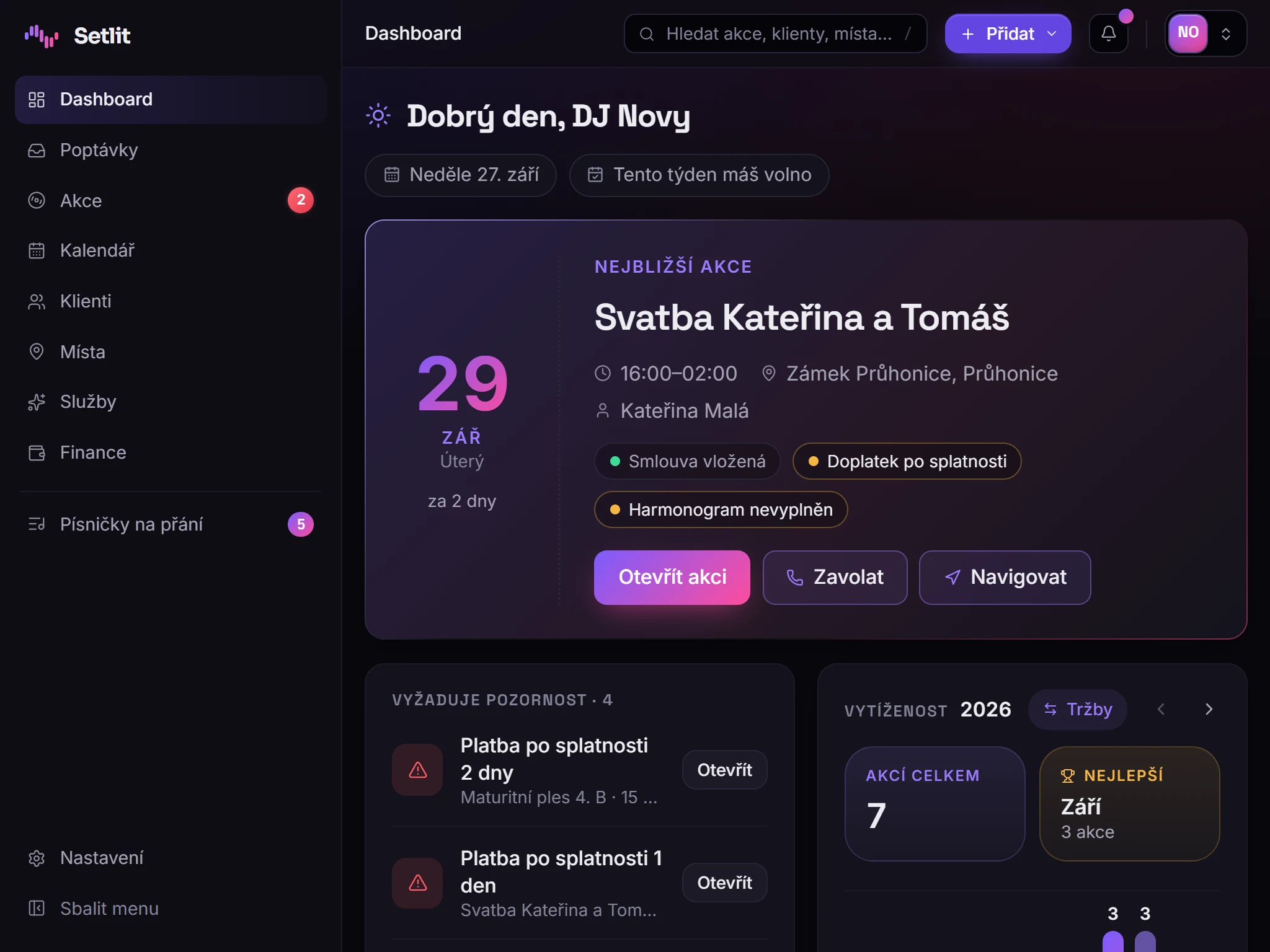 Přehled akcí, plateb a poptávek v aplikaci Setlit na tabletu