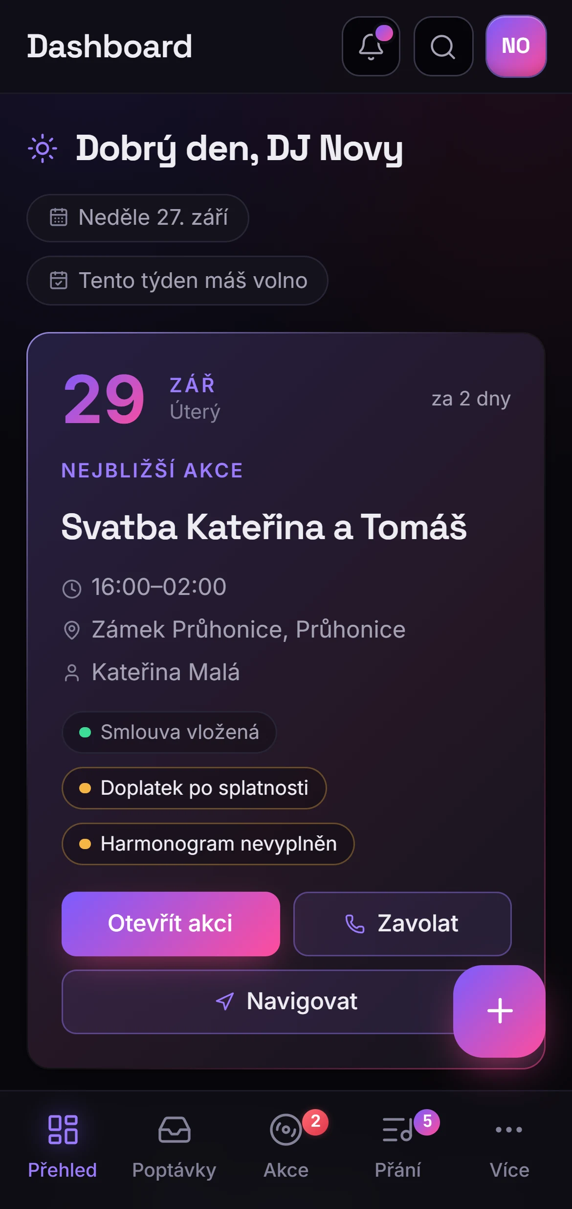 Přehled akcí v aplikaci Setlit na telefonu