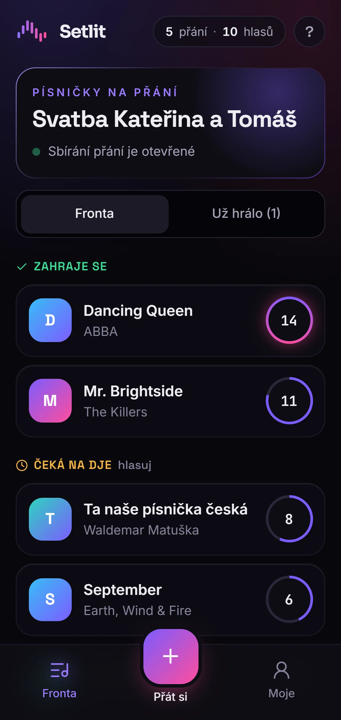 Hostovská obrazovka Setlitu: seznam přání a hlasování