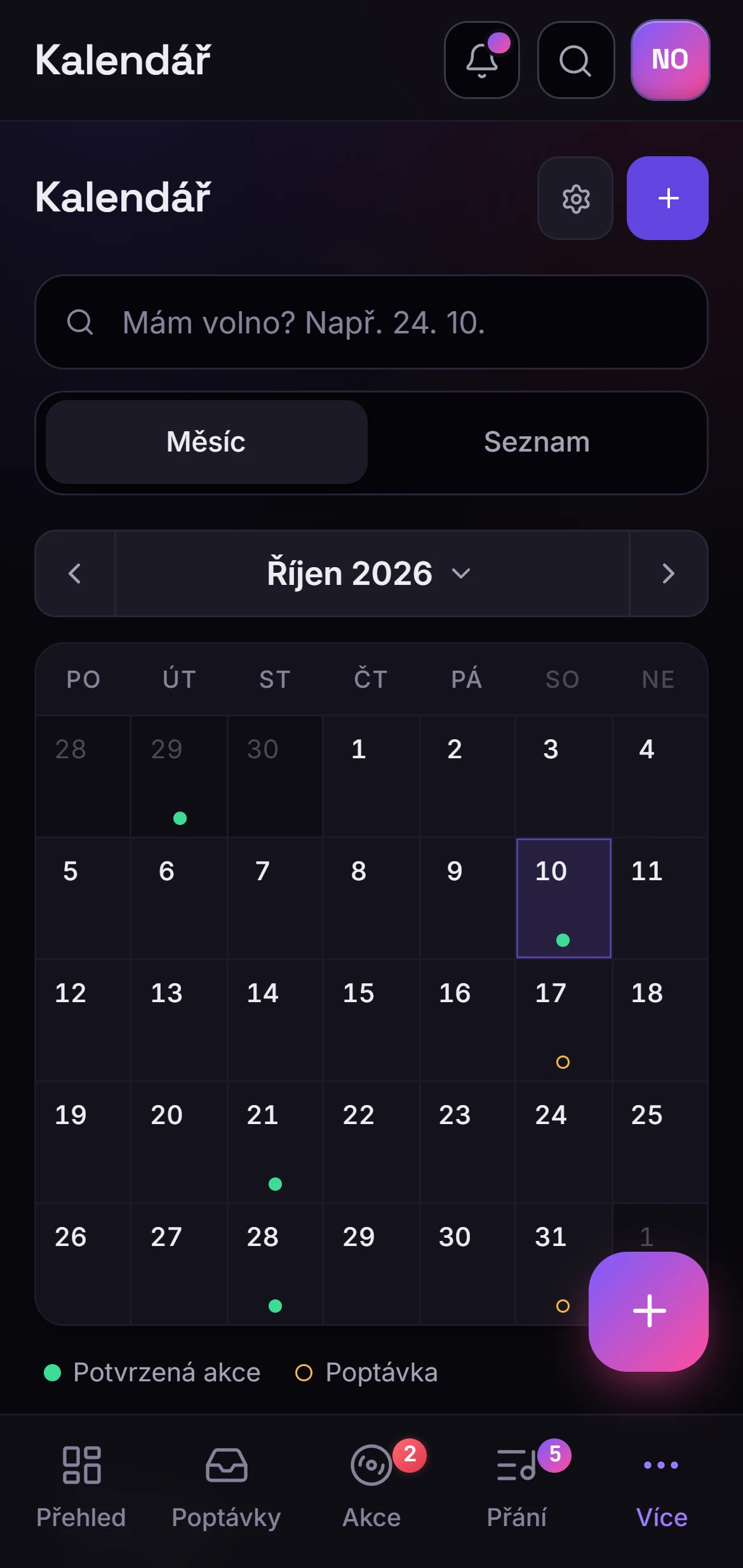 Kalendář akcí v aplikaci Setlit na telefonu